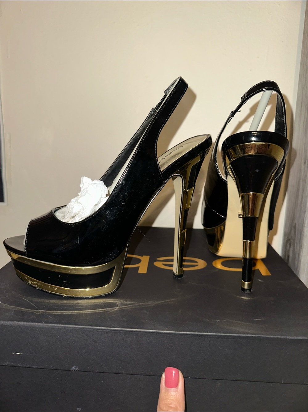 bebe Black and Gold Patent Platform Slingback Heels